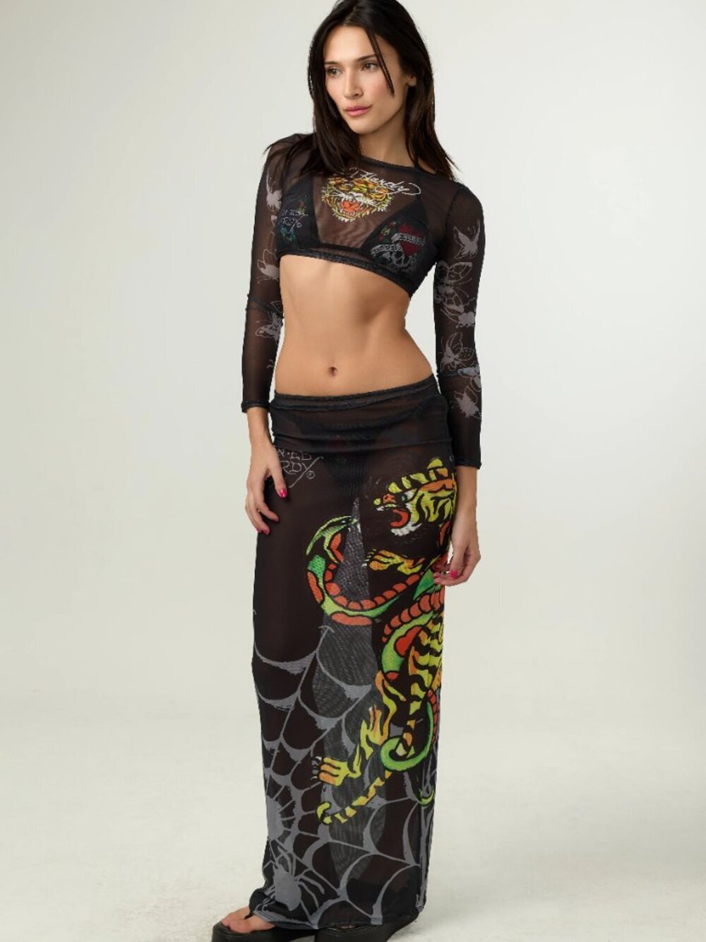 NWT Ed Hardy Crop Top & Long Skirt Mesh Cover Up Set Tattoo Tiger Rhinestone